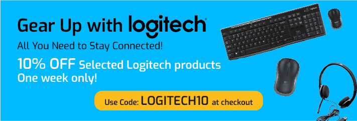 Banner with mouse, headset and Keyboard. Text: 10% Off Selected Logitech Products for 1 week only